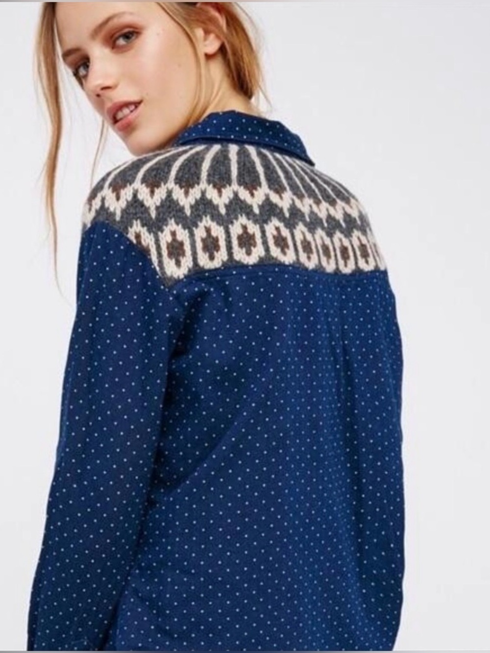 Free People Navy Polka Dot Button-Down Nordic Fair Isle Yoke Wool Shoulder